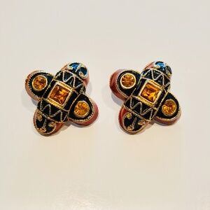 Rare Blanca Large Clip Earrings - Black & Amber Enamel with Rhinestones, 70s/80s